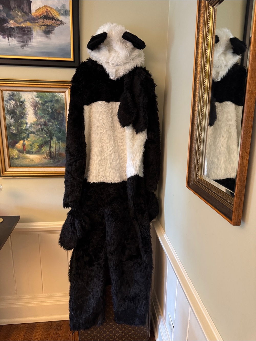Black White Faux Fur Panda Hooded Halloween Costume Adult Large Excellent!! 4PC